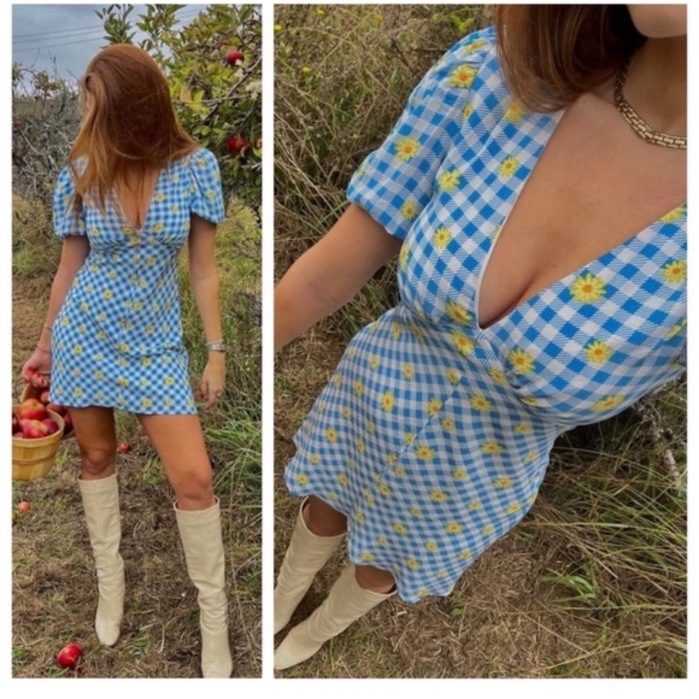 NWOT STAUD Willa Gingham Floral Cottagecore Mini Dress Size 2